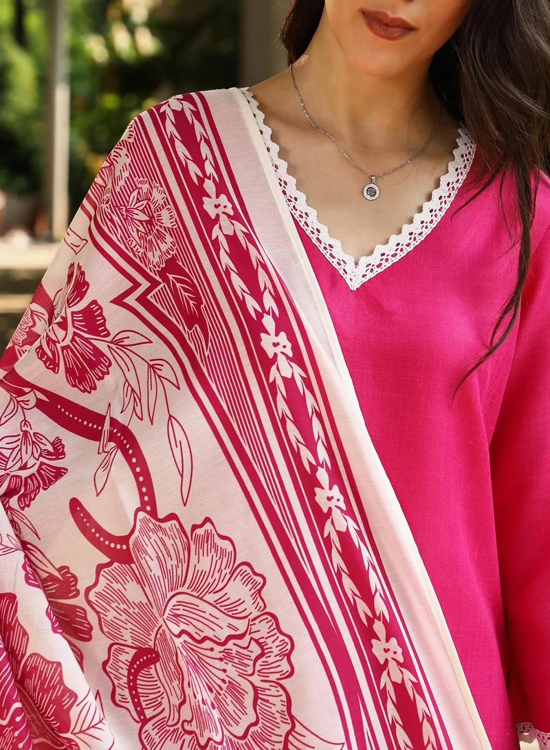 Qissa  Women's Fuchsia Pink Bloomesque Kurta Set For Casual Wear | V-Neck | Quarter Regular Sleeves | 3 Piece Kurta Set Designed With Comfort Fit For Everyday Ethnic Wear for Women | Best Price UAE